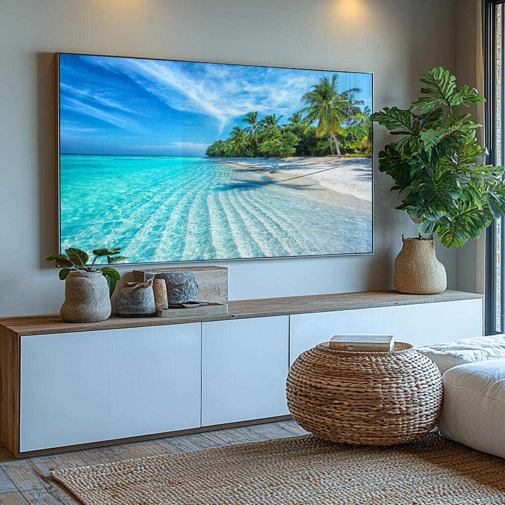 quadro decorativo de praia com palmeiras e areia branca em tons turquesa