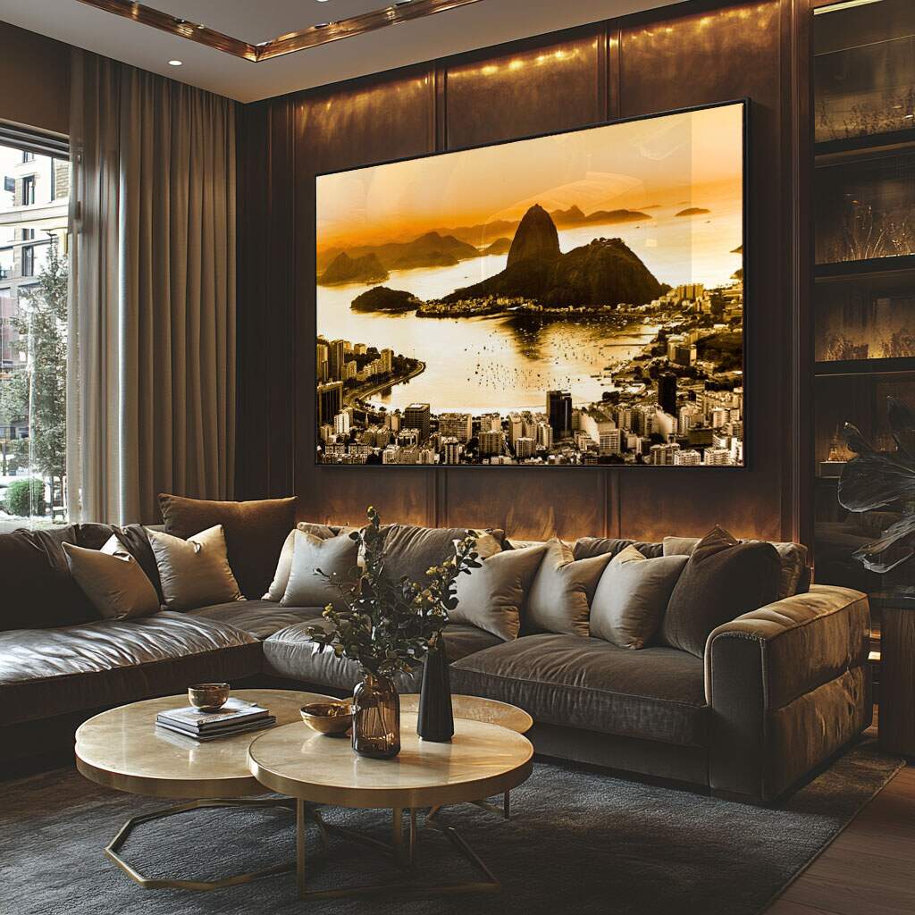 composição de quadros decorativos em parede com moldura e espaçamento técnico
