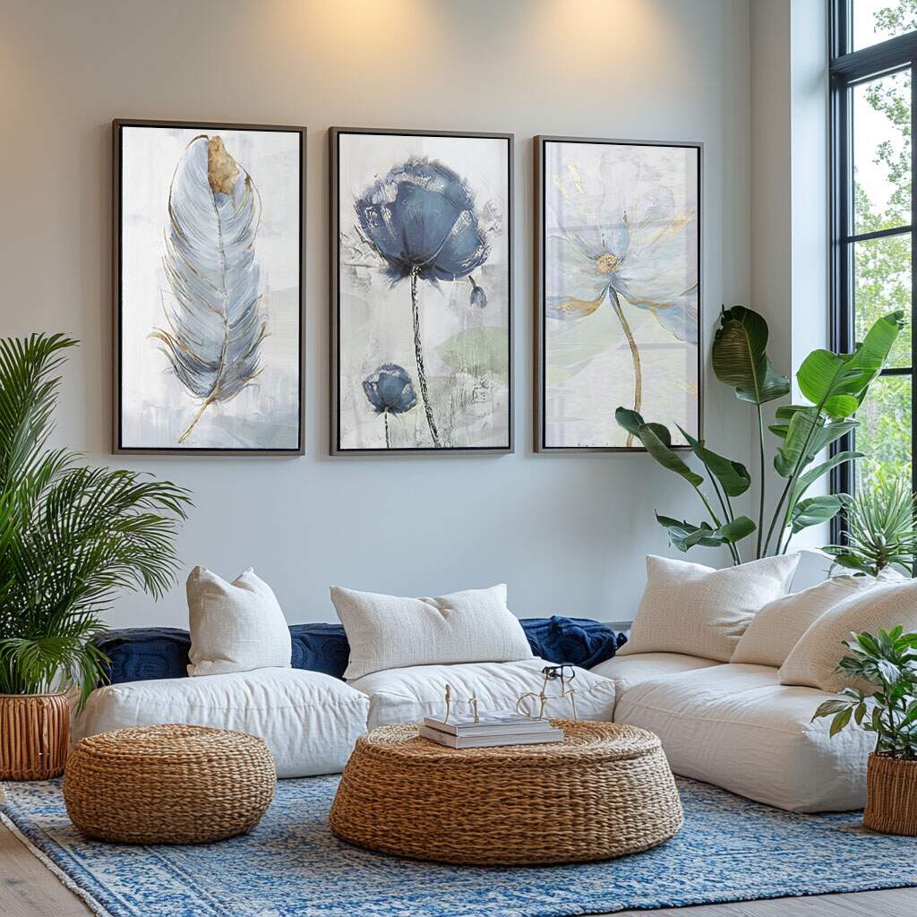 quadro decorativo de flores e penas em aquarela azul para sala de jantar