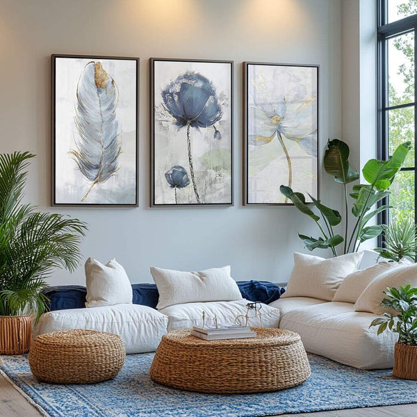 quadro decorativo de flores e penas em aquarela azul para sala de jantar