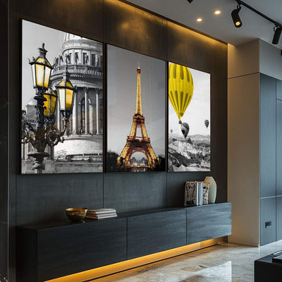 Cabeceira com quadros decorativos em estilo Paris vintage com triptych