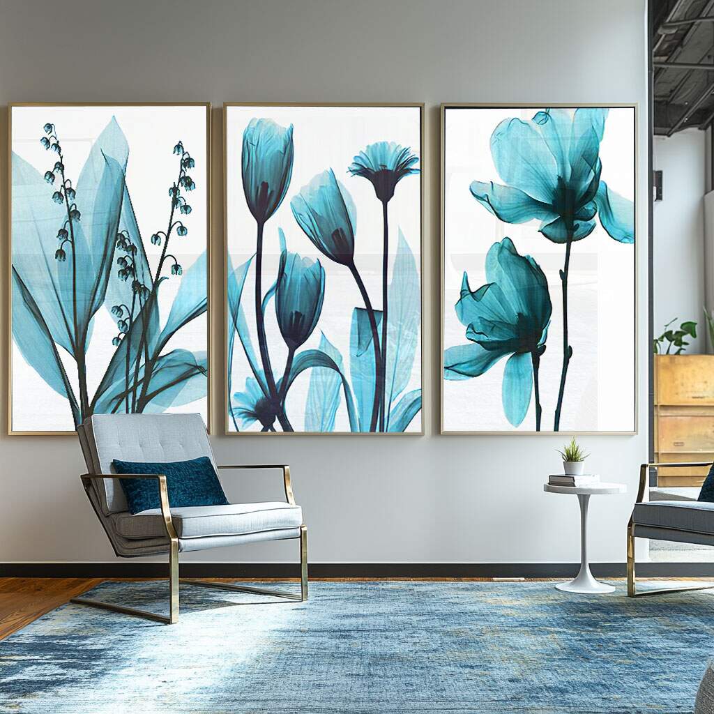 Quadro de borboletas em estilo aquarela com tons de azul turquesa e delicadas flores