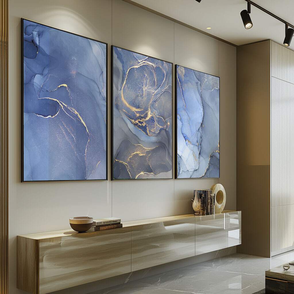 quadros decorativos abstratos em azul e dourado para sala de estar com moldura preta