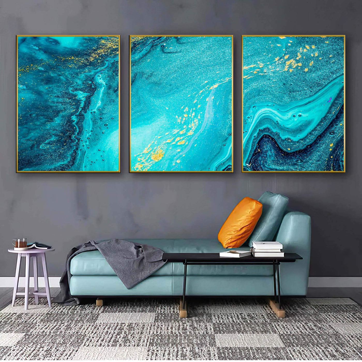 quadro decorativo para cabeceira de casal com cores turquesas e texturas minerais