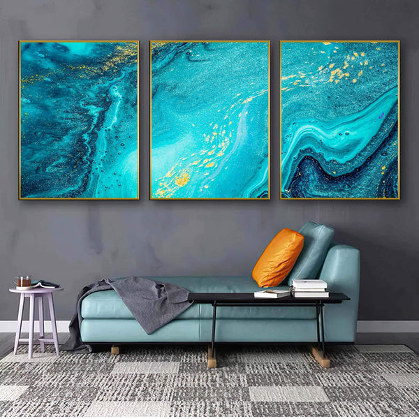 quadro decorativo para cabeceira de casal com cores turquesas e texturas minerais
