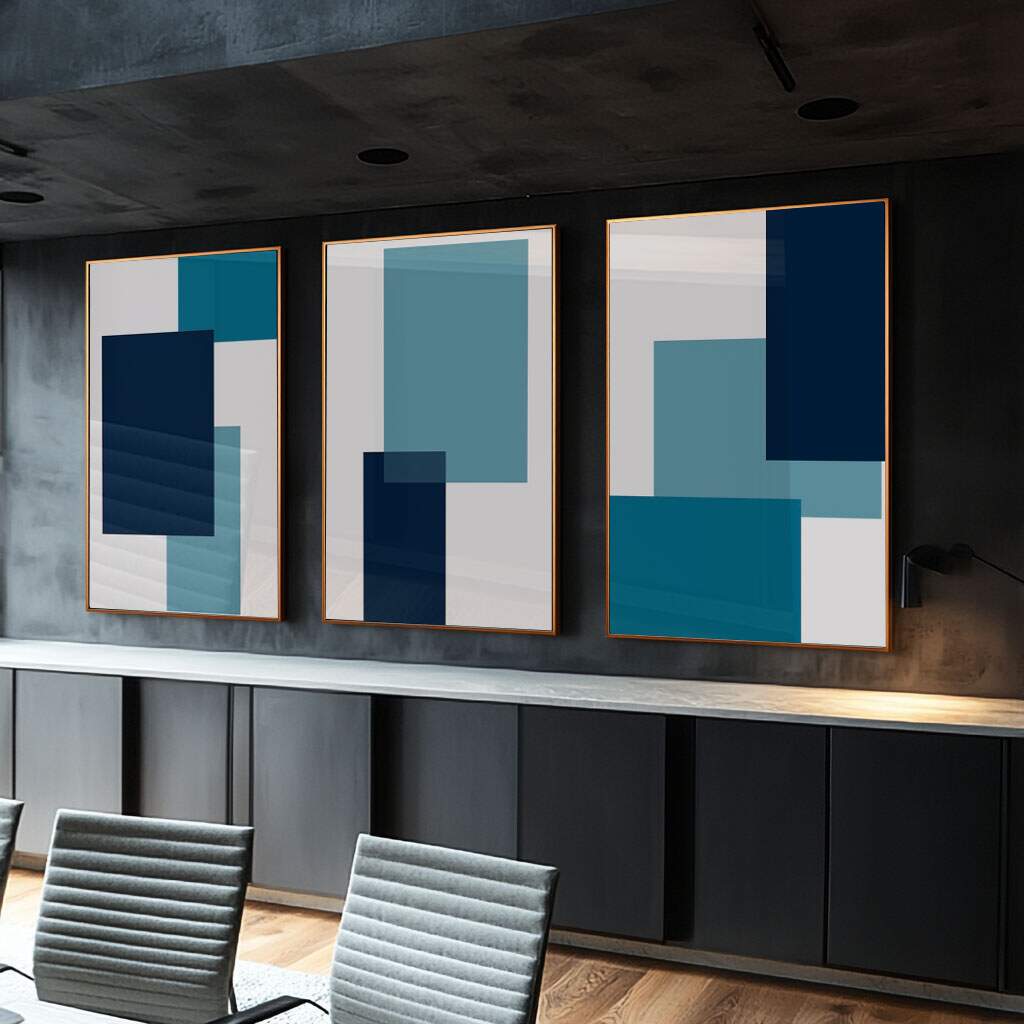 quadros decorativos geométricos abstratos em quarto clean minimalista