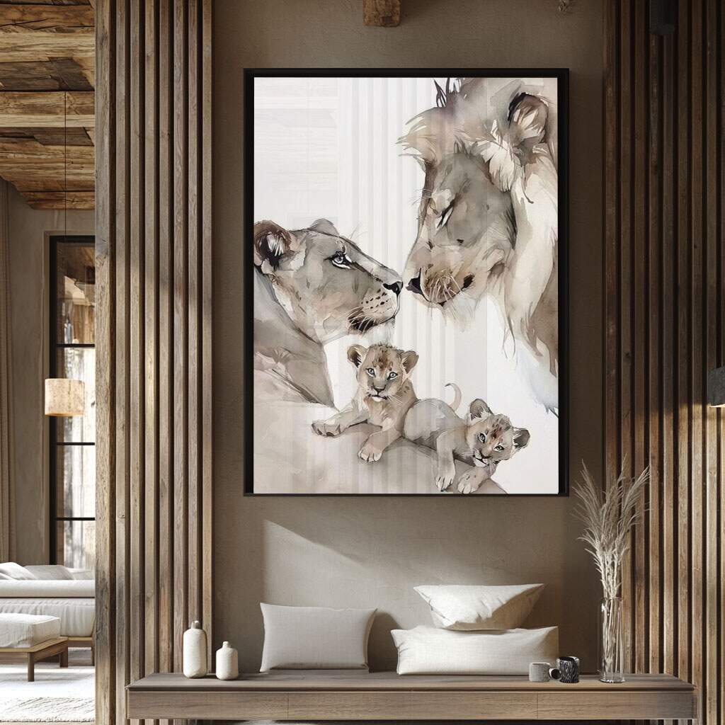 quadro decorativo família leões tons neutros para sala