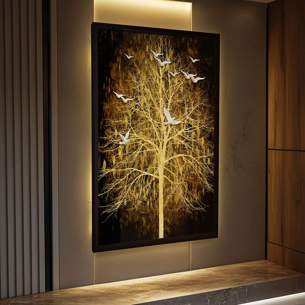 quadro decorativo 70x70 em moldura dourada com motivo árvore da vida