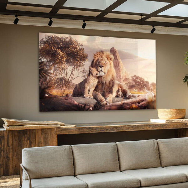 Quadro Família para Sala com Leão Majestoso e Filhote em Ambiente Natural