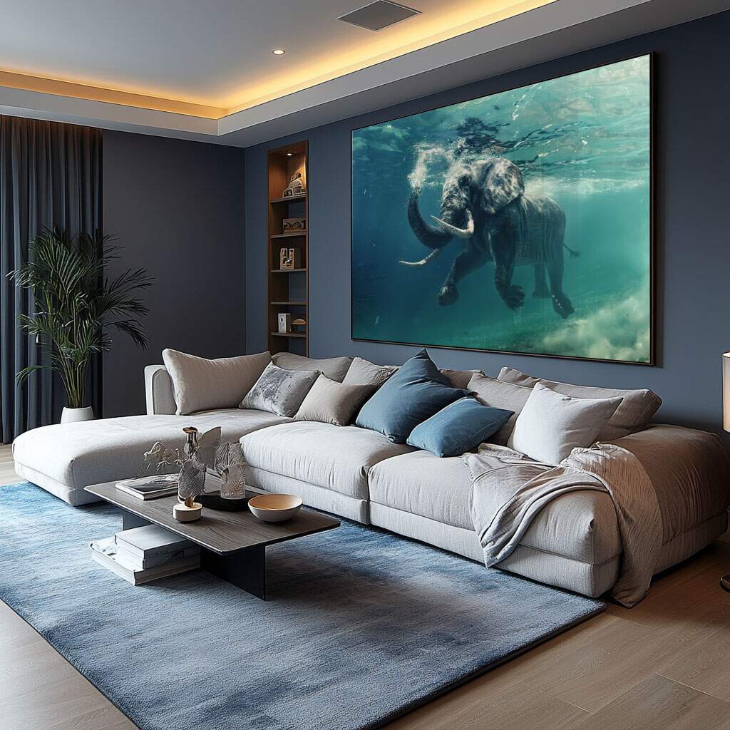 quadro paz com elefante em tons de azul para ambientes zen