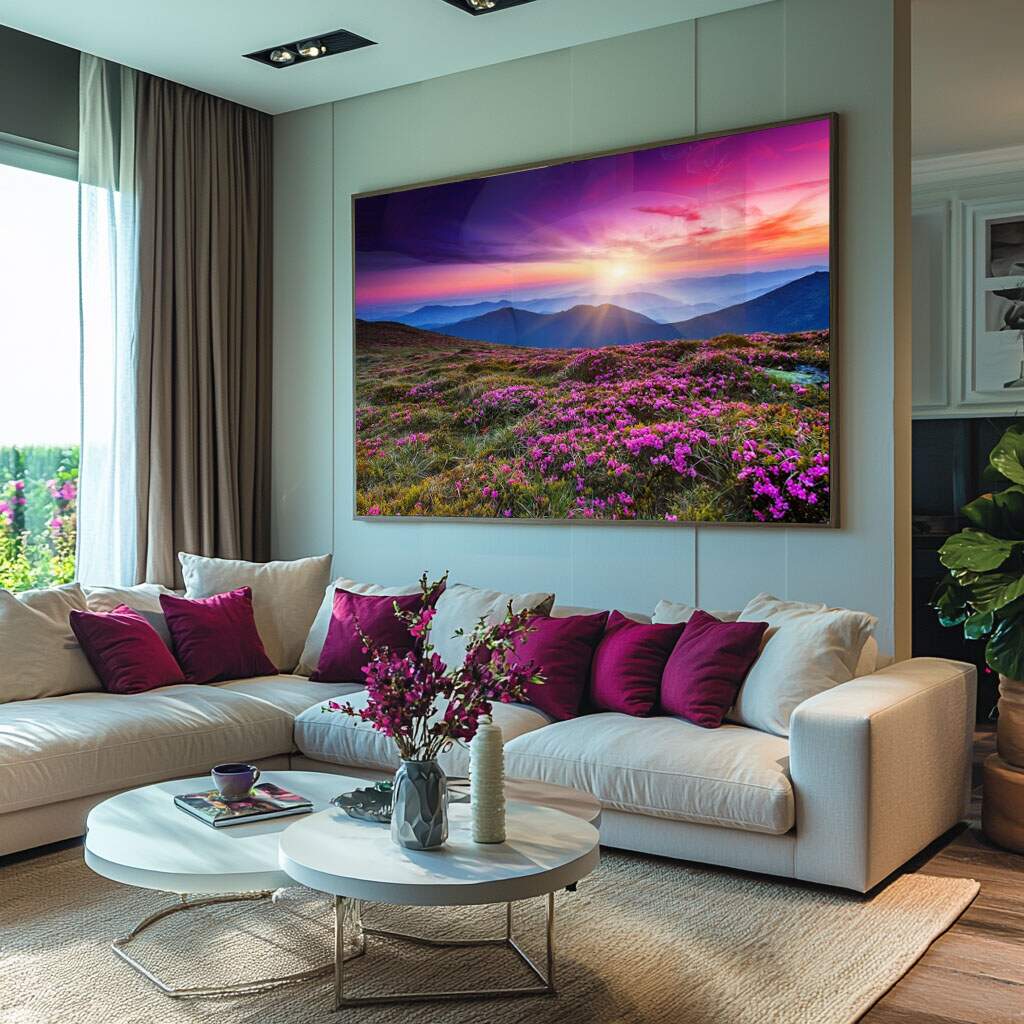 Sala chique com quadro decorativo em cores suaves e pastel