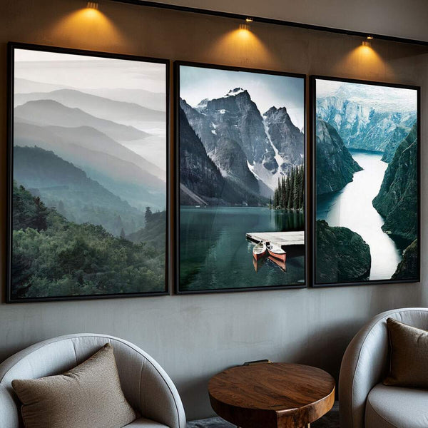 quadros decorativos de paisagens montanhosas para sala de estar em tons azuis e verdes