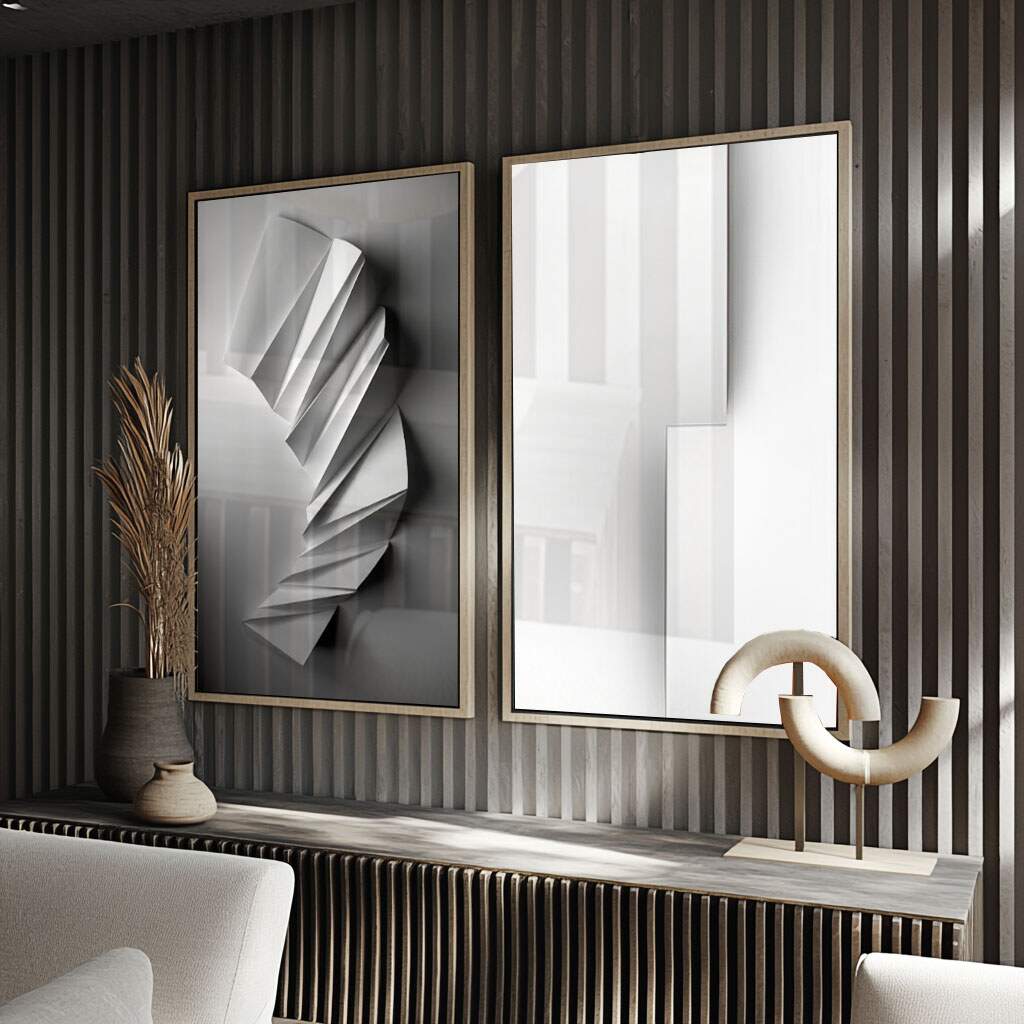Fórmula de decoração sobre quarto preto com quadro minimalista em branco e cinza