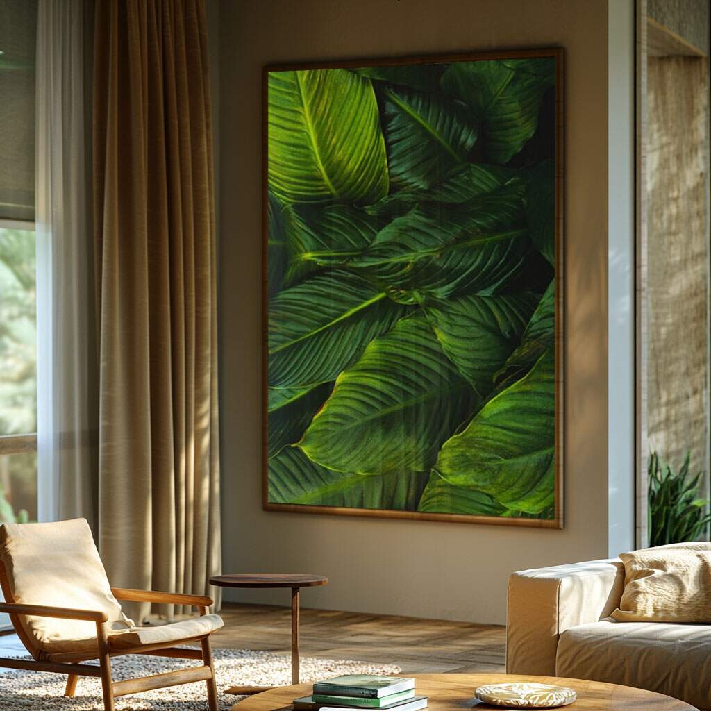 Fórmulas para decoração de interiores - Quadro com folhagem tropical verde em composição harmoniosa