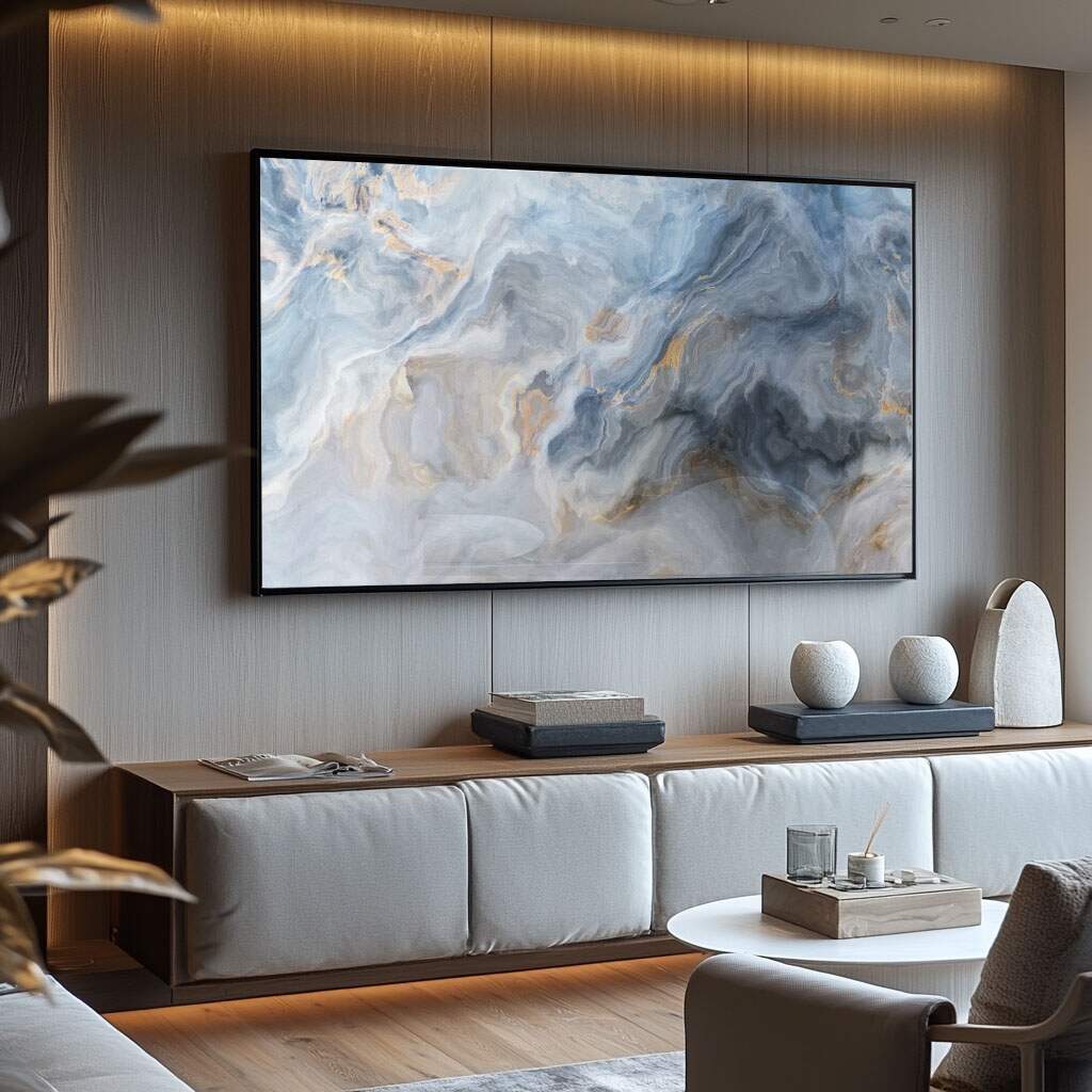 Quadro de banheiro Abstração Celestial com tons azuis e dourados para elevar decoração