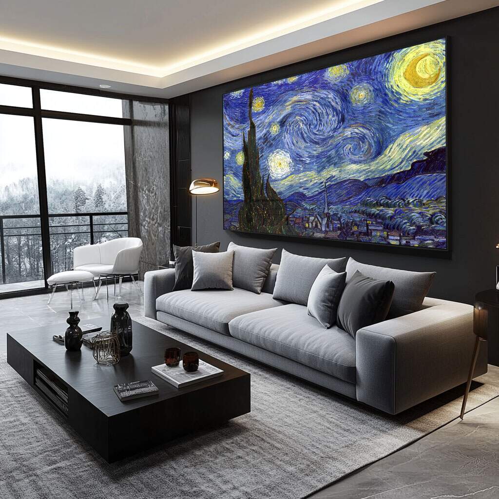 Dicas para escolher quadro perfeito ilustrada com Quadro Decorativo Noite Estrelada em tons azul e amarelo