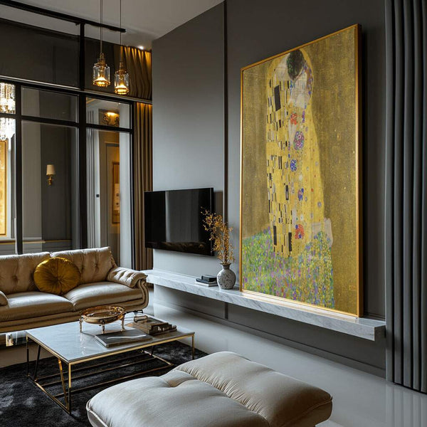 quadro decorativo beijo dourado para quarto com acabamento em ouro e flores