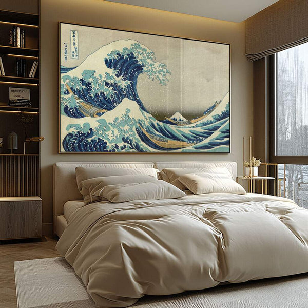 quadro decorativo preto e branco grande onda com composição clássica em parede neutra