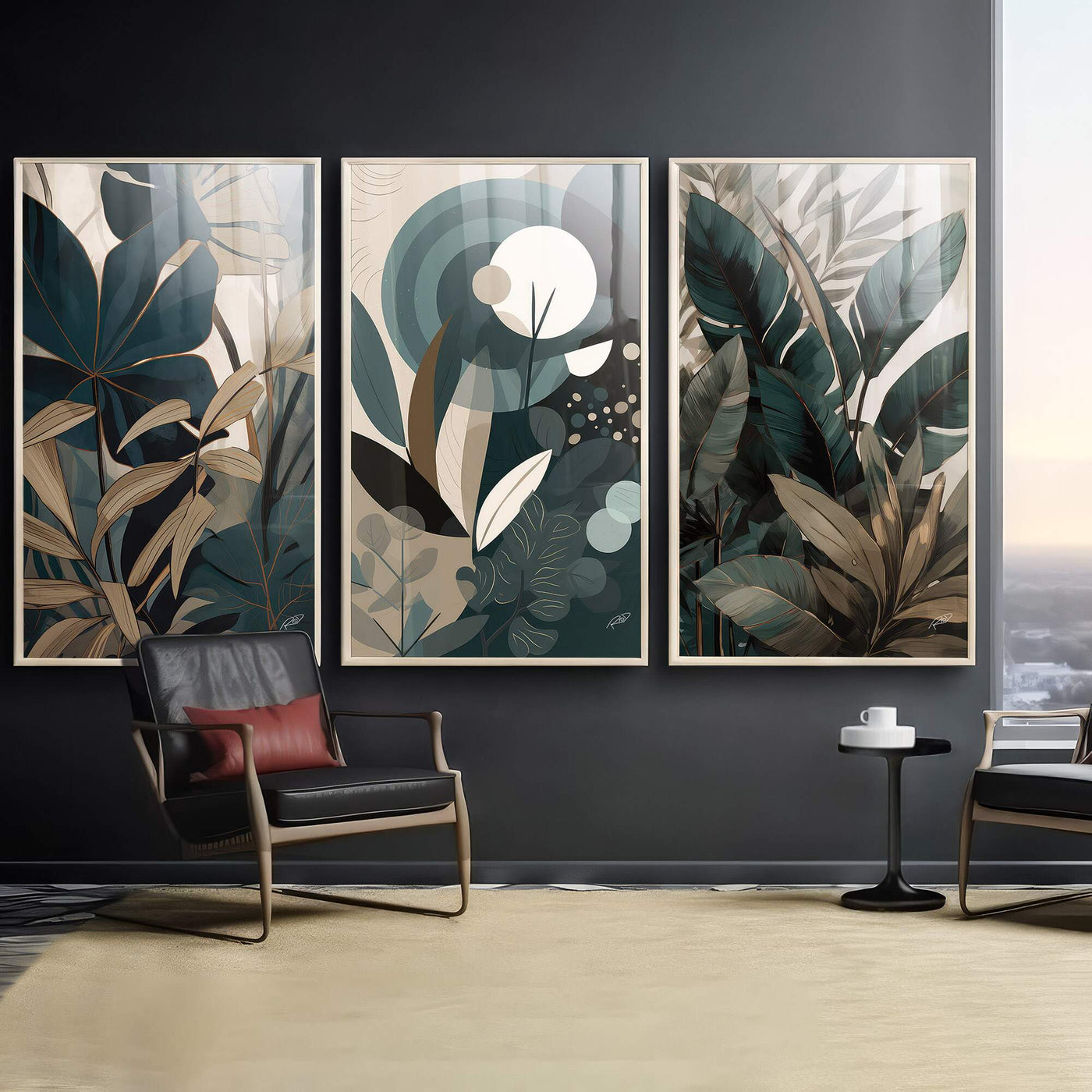 Quadros decorativos azul turquesa com plantas tropicais e tonalidades bege criando harmonia visual