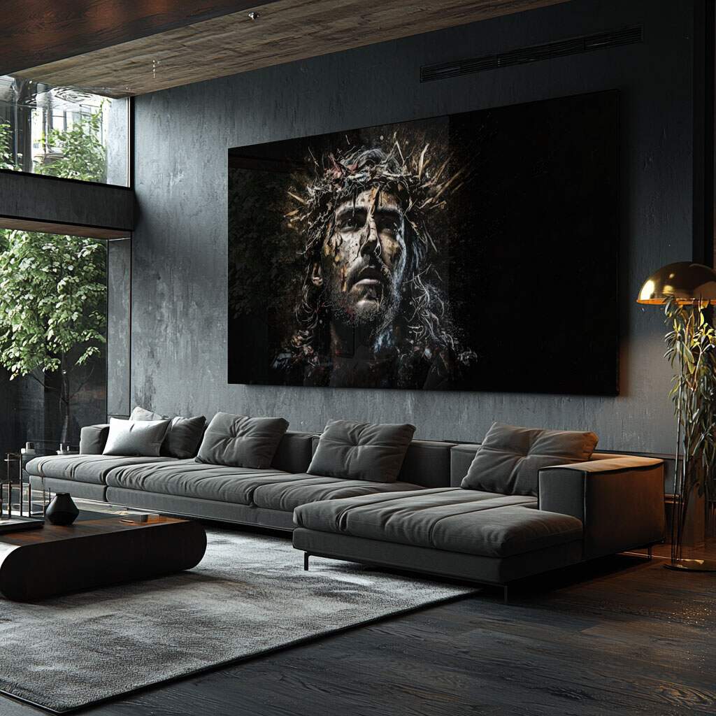 quadro decorativo expressão divina com coroa de espinhos em preto e bege