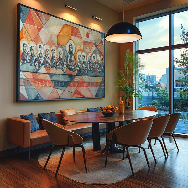 Quadro decorativo Santa Ceia cubista com composição geométrica em tons quentes