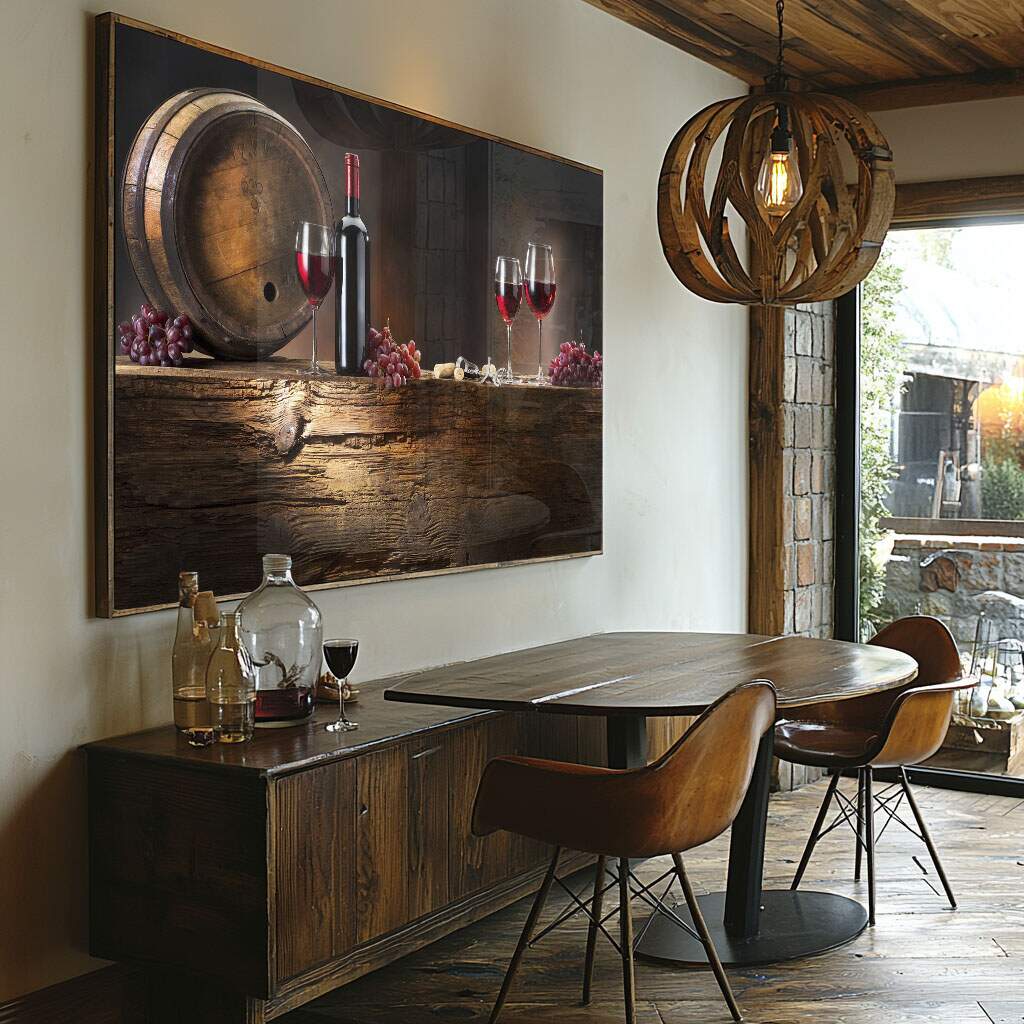 Quadro de vinho com taca barril e uva em composicao sofisticada de decoracao