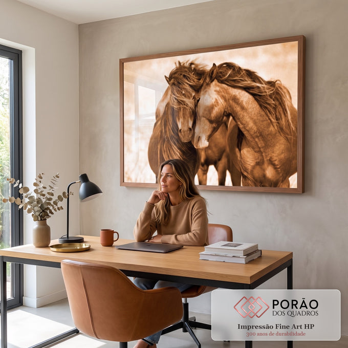Quadro Decorativo: Abraço Etéreo Equino em Sépia em escritorio moderno - quadros decorativos para sala