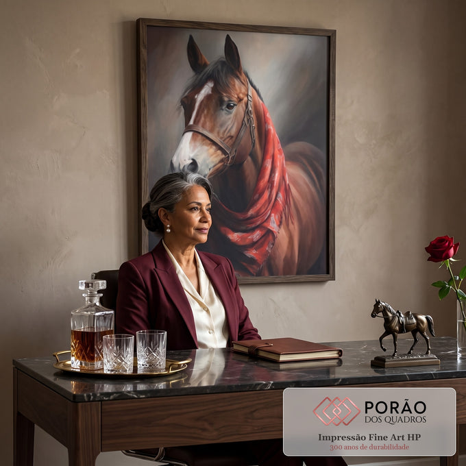 Quadro Decorativo Cavalo Majestoso com Lenço Vermelho em escritorio moderno - quadros decorativos para sala
