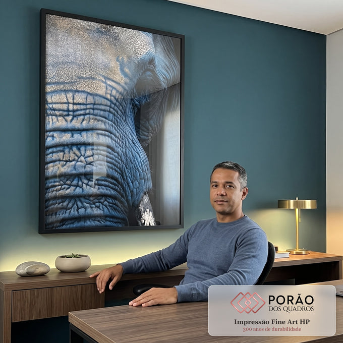 Quadro Decorativo Elefante Sereno Azul em escritorio moderno - quadros decorativos para sala