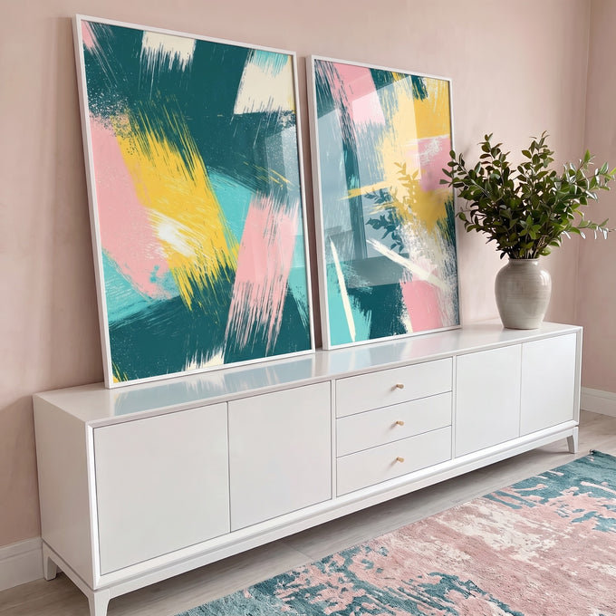 Quadro Decorativo Pincelada - Harmonia de Cores em Verde, Rosa e Amarelo em ambiente decorado - quadros decorativos para sala
