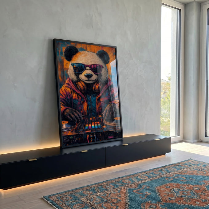 Quadro Decorativo Panda DJ Colorido em ambiente decorado - quadros decorativos para sala