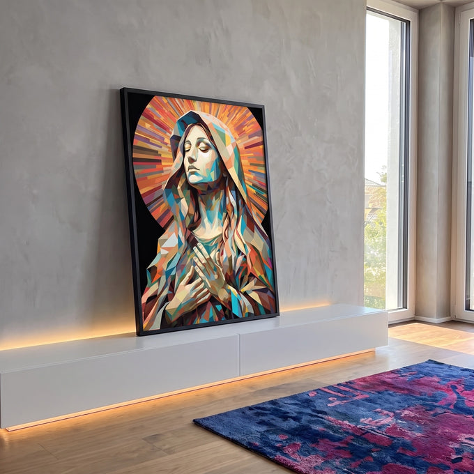 Quadro Decorativo Virgem Maria em Abstração: Inspiração Divina em ambiente decorado - quadros decorativos para sala