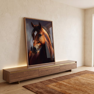 Quadro Decorativo - Cavalo Marrom Majestoso em ambiente decorado - quadros decorativos para sala