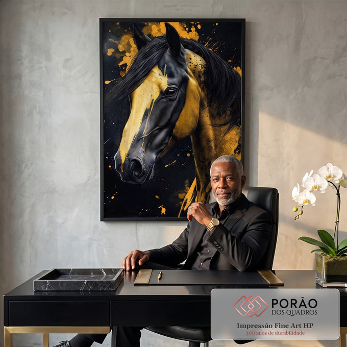 Quadro Decorativo Cavalo Abstrato Arte em Tons Amarelados em escritorio moderno - quadros decorativos para sala