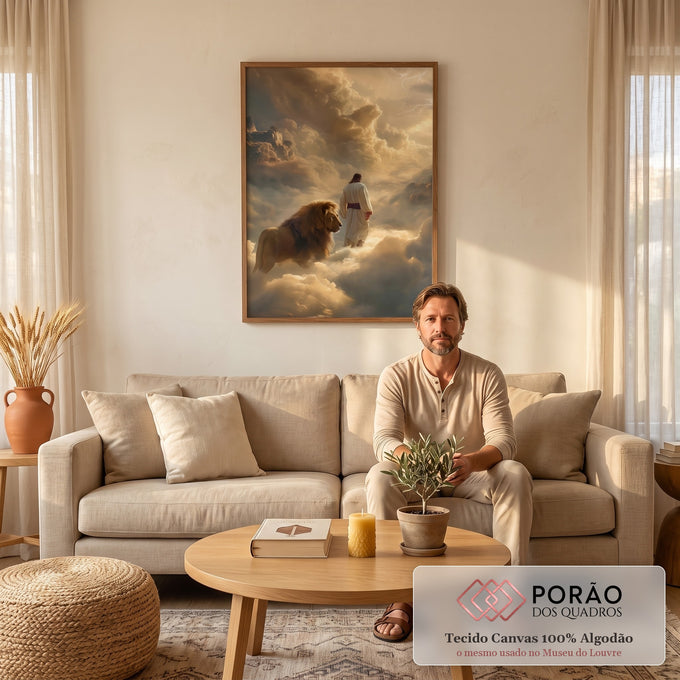 Quadro Decorativo Jesus e Leão em Harmonia Divina em sala de estar moderna - quadros decorativos para sala