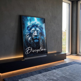 Quadro Decorativo Leão Disciplina Azul - Arte Inspiradora para Sua Decoração em ambiente decorado - quadros decorativos para sala