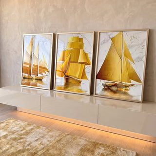 Quadro Decorativo Navegação Dourada - Inspiração Única em ambiente decorado - quadros decorativos para sala