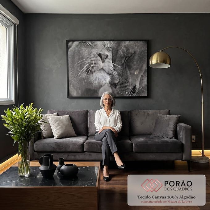 Quadro Decorativo Majestoso Amor Leão - Exclusividade Única em sala de estar moderna - quadros decorativos para sala
