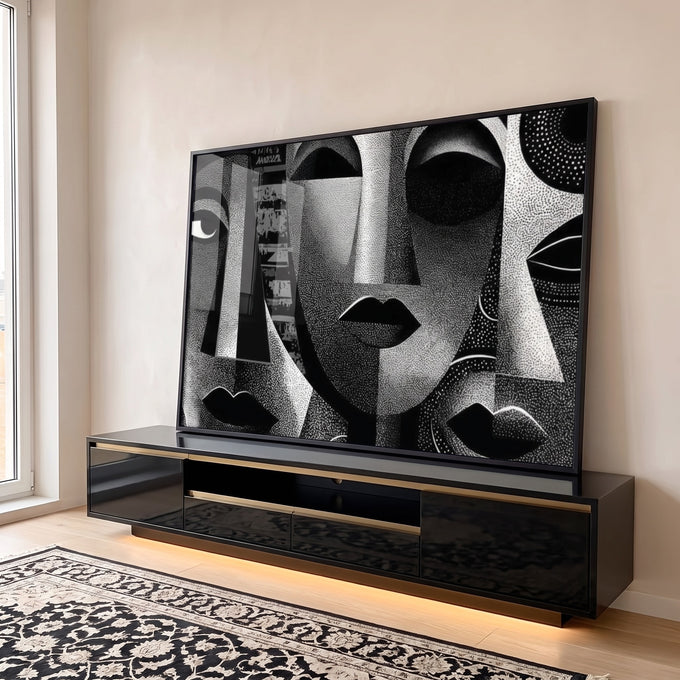 Quadro Decorativo Rostos Estilizados em Preto e Branco em ambiente decorado - quadros decorativos para sala