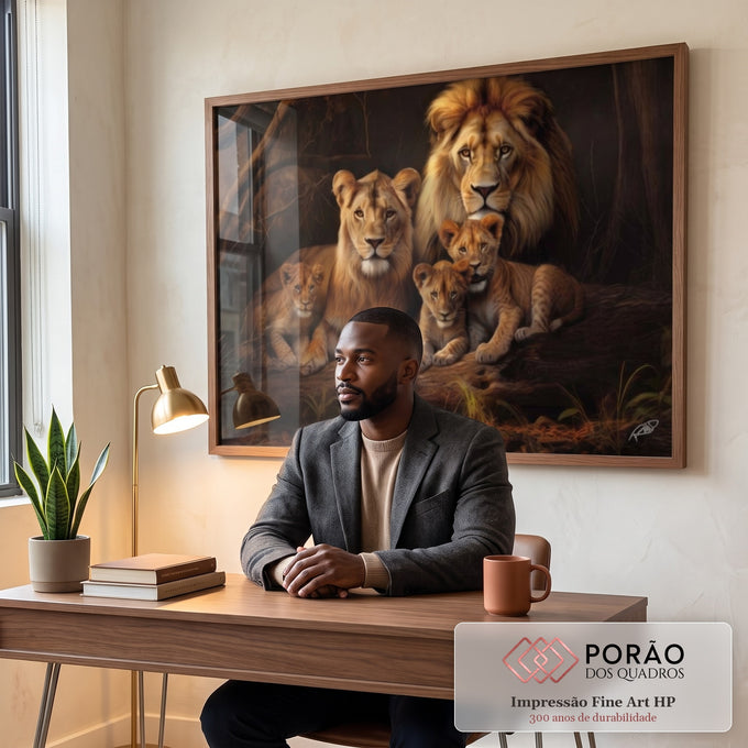 Quadro Decorativo Família de Leão com 3 Filhotes - Ternura e Estilo para sua Decoração em escritorio moderno - quadros decorativos para sala