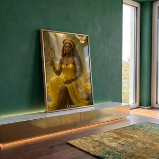 Quadro Decorativo Orixá Oxum: Serenidade e Luz em ambiente decorado - quadros decorativos para sala