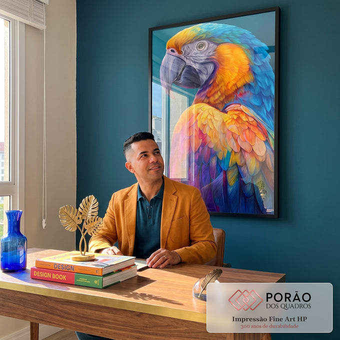 Quadro Decorativo Papagaio Colorido em escritorio moderno - quadros decorativos para sala