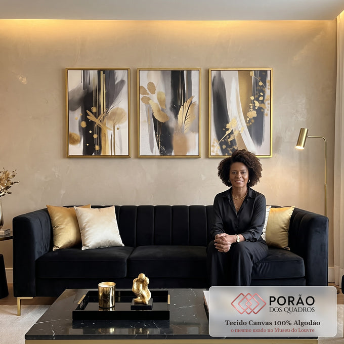 Quadro Decorativo Abstrato Luxo 3 Painéis em sala de estar moderna - quadros decorativos para sala