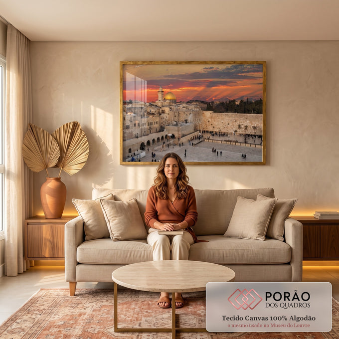 Quadro Decorativo: Jerusalém Dourada ao Entardecer em sala de estar moderna - quadros decorativos para sala