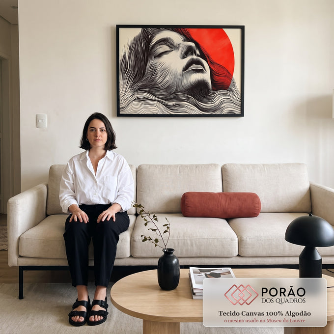 Quadro Decorativo Mulher Abstrato em Tons Alaranjados em sala de estar moderna - quadros decorativos para sala
