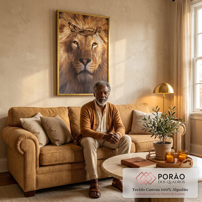 Quadro Decorativo Poder & Fé: Leão e Sombra Cruz Exclusivo em sala de estar moderna - quadros decorativos para sala