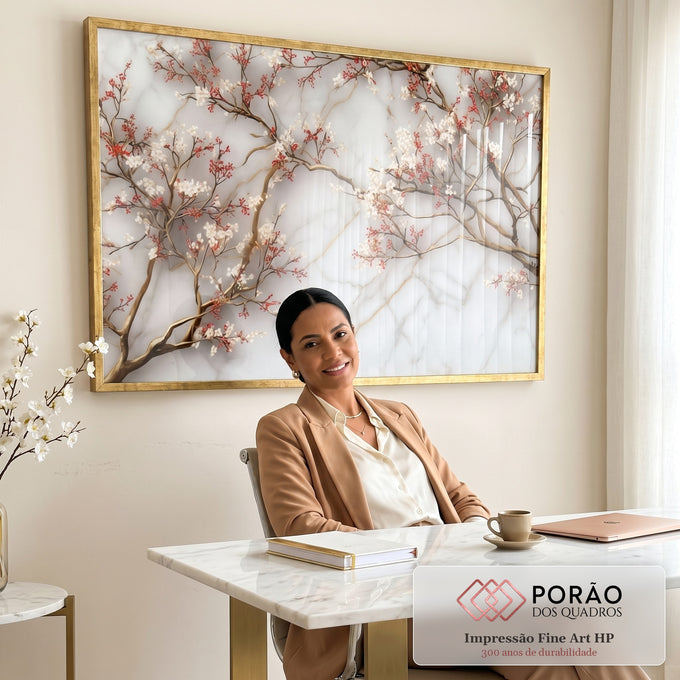 Quadro Decorativo - Elegância Floral em Mármore em escritorio moderno - quadros decorativos para sala