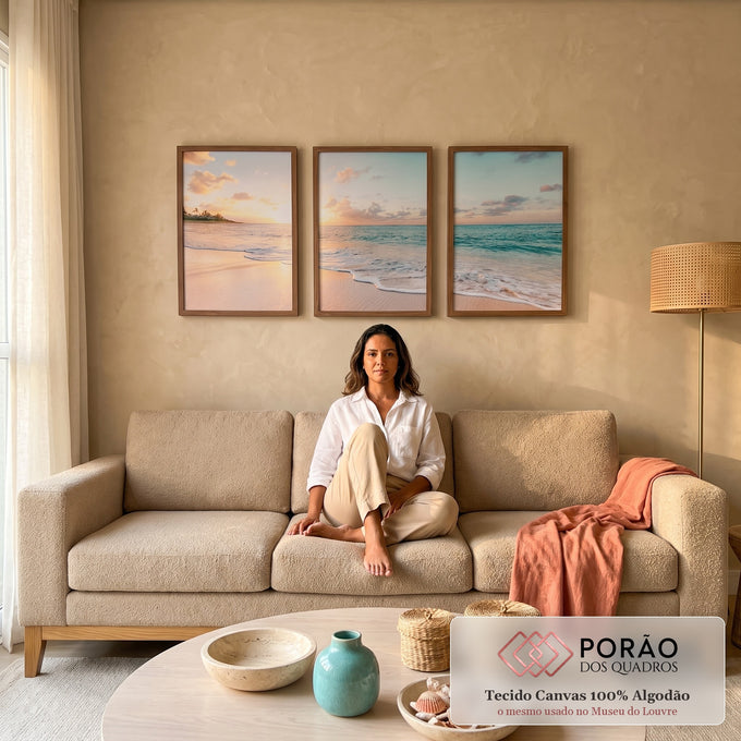 Quadro Decorativo Praia ao Pôr do Sol: Um Encanto Visual em sala de estar moderna - quadros decorativos para sala