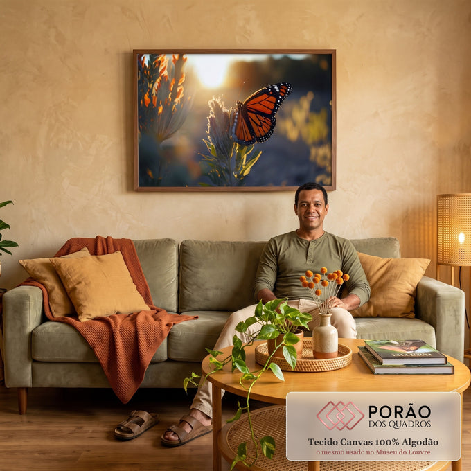 Quadro Decorativo Belíssima Borboleta Monarca em Jardim em sala de estar moderna - quadros decorativos para sala