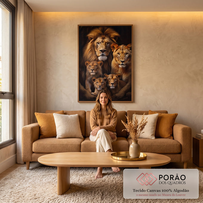 Quadro Decorativo Família de Leão com 3 Filhotes em sala de estar moderna - quadros decorativos para sala